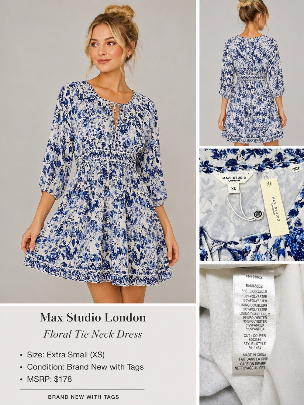 Max Studio London Blue White Floral Tie Neck Dress XS NWT